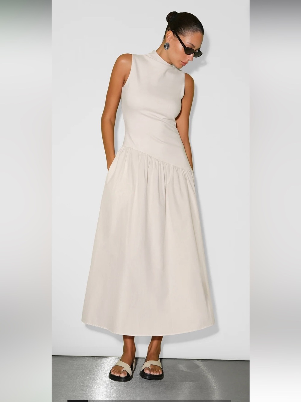 Marcella Hutton High-Neck Cream Maxi Dress with Gathered Skirt